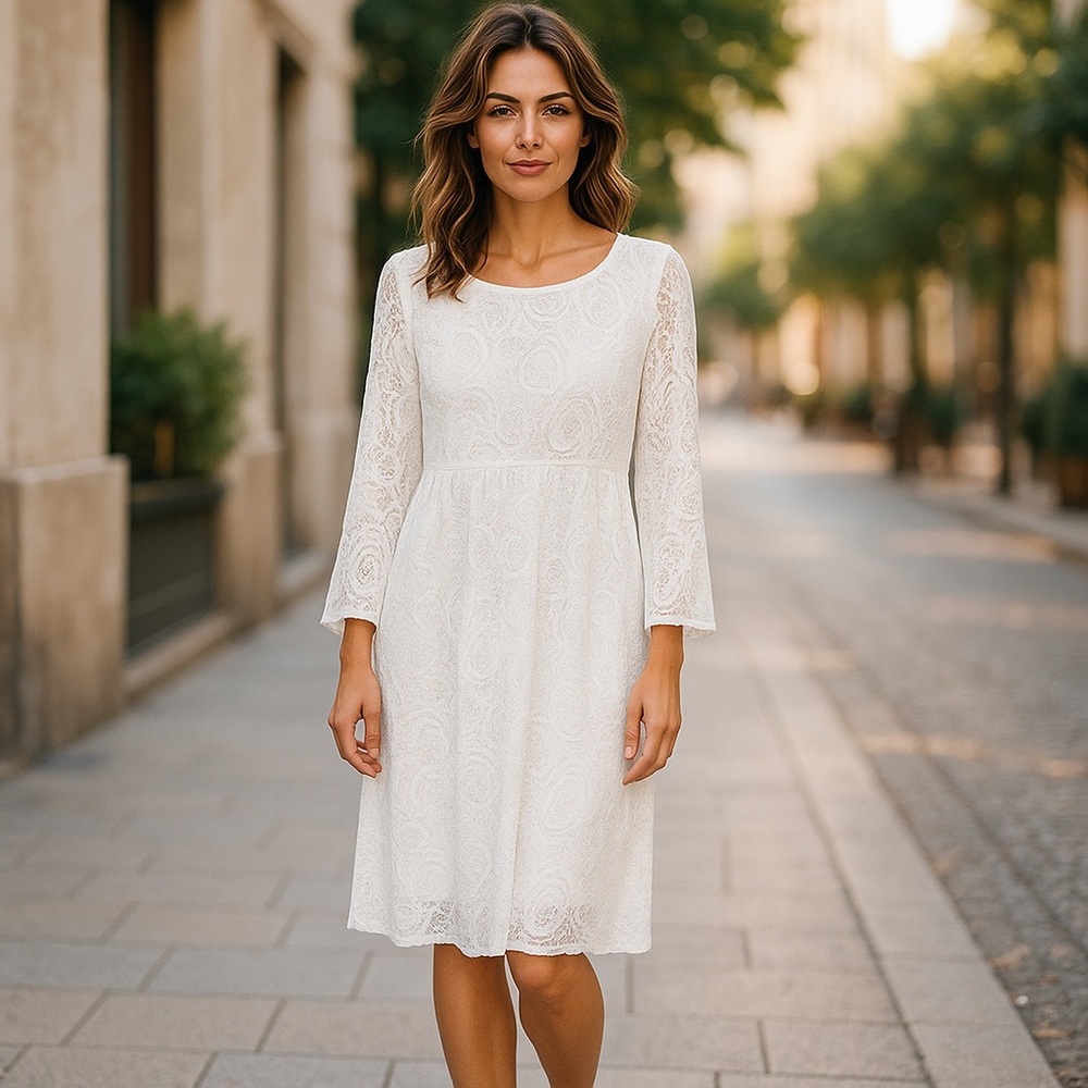 Tiana B Off White Embroidered Overlay Stretch Dress with Bell Sleeves Size XL